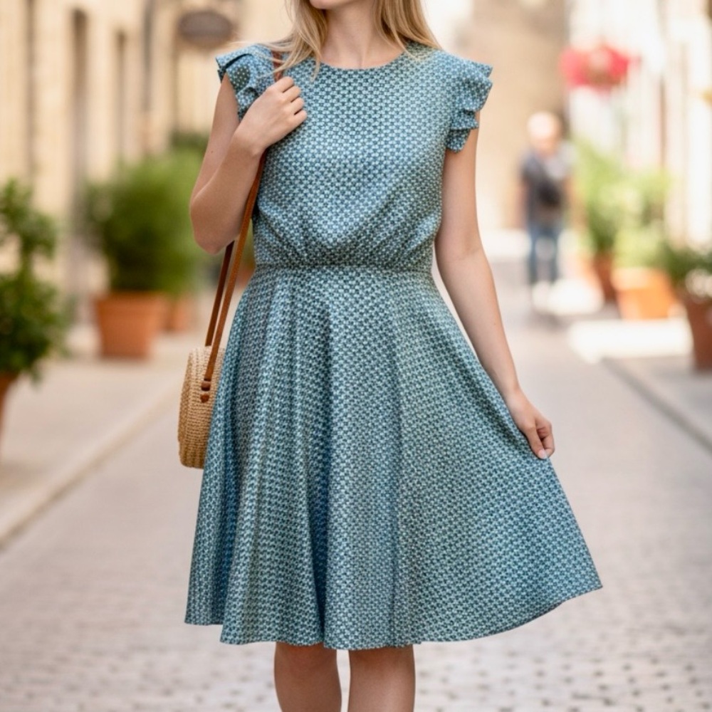 Vintage Blue Cap Sleeve Retro Cottage Tie Waist Silk Swing Mini Dress Size S/M